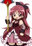  bad_id bad_pixiv_id bare_shoulders black_legwear blush detached_sleeves food hand_on_hip long_hair magical_girl mahou_shoujo_madoka_magica meiro_(yuu) open_mouth pocky polearm ponytail red_eyes red_hair sakura_kyouko simple_background solo spear thighhighs weapon zettai_ryouiki 