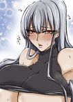  1girl bare_shoulders blush breasts female gigantic_breasts gradient gradient_background huge_breasts long_hair red_eyes selvaria_bles senjou_no_valkyria senjou_no_valkyria_1 silver_hair solo sweat tank_top tanktop tsukiyo_(zero_ni_kaeru_tsuki) zeronotuki 