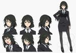  black_footwear black_hair black_legwear black_suit brown_eyes character_sheet clenched_hand closed_eyes collared_shirt expressions formal frown full_body green_neckwear grin hand_on_hip infinite_stratos jacket kurashima_tomoyasu long_hair looking_at_viewer multiple_views necktie official_art open_mouth orimura_chifuyu pantyhose pencil_skirt ponytail production_art shirt skirt skirt_suit smile standing suit white_background white_shirt 