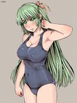  armpits breasts covered_nipples green_eyes green_hair half_updo higurashi_no_naku_koro_ni large_breasts long_hair one-piece_swimsuit school_swimsuit solo sonozaki_shion swimsuit zenkou 