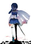  bad_id bad_pixiv_id blue_eyes blue_hair cape mahou_shoujo_madoka_magica miki_sayaka pun2 short_hair solo sword tears thighhighs torn_cape weapon 