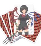  asymmetrical_wings bad_id bad_pixiv_id black_hair black_legwear bow card houjuu_nue kinakomoti no_panties playing_card polearm red_eyes short_hair simple_background solo thighhighs touhou trident weapon wings zettai_ryouiki 