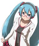 aqua_eyes aqua_hair bad_id bad_pixiv_id bespectacled face glasses hatsune_miku headphones hinami_(ryuusei_potechi) kocchi_muite_baby_(vocaloid) long_hair nail_polish natural_(module) project_diva_(series) project_diva_2nd simple_background skirt smile solo twintails vocaloid 