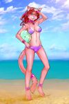  2009 anklet beach beach_ball bikini blue_eyes bracelet breasts camel_toe cat collar feline female fudchan hair jewelry kitty_of_flame long_hair long_red_hair navel one_eye_closed outside pink red_hair seaside skimpy solo swimsuit tail 