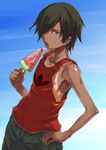  black_hair brown_eyes dark_skin food fruit hair_over_one_eye hand_on_hip highres hips ikezawa_kazuma ippo nipples open_mouth saliva saliva_trail sexually_suggestive short_hair shorts solo summer_wars tan tank_top tanline tongue watermelon 