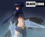  asymmetrical_clothes black_rock_shooter black_rock_shooter_(character) black_rock_shooter_(character)_(cosplay) blue_eyes blue_hair bow breasts chachami_ashu character_name cirno cosplay crystal_sword dual_wielding hair_bow holding ice medium_breasts scar short_hair single_pantsleg solo sword touhou underboob weapon 