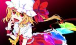  ascot blonde_hair bow dress fangs finger_licking flandre_scarlet frilled_dress frills hat highres kaida_michi licking open_mouth red_dress red_eyes side_ponytail slit_pupils solo tongue touhou wings wrist_cuffs 