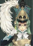 braid brown_eyes feathers formal glasses gloves green_hair hat kawaku long_hair map map_(object) open_mouth original purple_eyes quill solo upper_body 