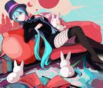  aqua_eyes aqua_hair bunny fishnet_pantyhose fishnets hat hatsune_miku highres long_hair magician magician_(module) miracle_paint_(vocaloid) pantyhose project_diva project_diva_(series) sitting solo sound_tamashi thighhighs top_hat very_long_hair vocaloid 
