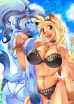  anthro beach blonde_hair blush breasts butt camel_toe canine clothed clothing dog female hair japanese_text kemonono looking_at_viewer looking_back mammal seaside skimpy swimsuit tail text 