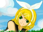  aine_(haibane) bad_id bad_pixiv_id blonde_hair grass green_eyes kagamine_rin smile solo symbol-shaped_pupils vocaloid 