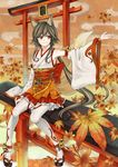  animal_ears bell bridal_gauntlets detached_sleeves egasumi fox_ears fox_tail grey_hair highres japanese_clothes kimono leaf long_hair magatama maple_leaf miko multiple_torii orange_eyes original outstretched_arm ponytail retsuna sandals short_kimono sitting sitting_on_torii smile solo tail thighhighs torii white_legwear 