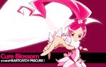  bow cape character_name copyright_name cure_blossom eyelashes glowing hanasaki_tsubomi heartcatch_precure! magical_girl pink pink_background pink_bow pink_eyes pink_hair precure skirt solo souji 