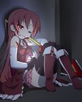  alternate_hairstyle bad_id bad_pixiv_id blood food kogaku_kazuya mahou_shoujo_madoka_magica one_eye_closed pocky polearm red_eyes red_hair sakura_kyouko solo soul_gem spear thighhighs torn_clothes weapon 