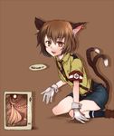  animal_ears brown_eyes brown_hair cat_ears cat_tail chen cosplay earrings gloves hellsing jewelry mikazuki_tenma multiple_girls multiple_tails nazi schrodinger schrodinger_(cosplay) short_hair shorts swastika tail touhou white_gloves yakumo_yukari 