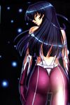  ass bare_shoulders black_hair breasts from_behind green_eyes highres igawa_asagi jpeg_artifacts kagami_hirotaka katana large_breasts long_hair looking_back ninja smile solo sword taimanin_(series) taimanin_asagi weapon 