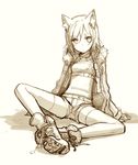  animal_ears bad_id bad_pixiv_id boots fur_trim gun h2so4 handgun holster jacket midriff monochrome navel open_clothes open_jacket original pistol short_hair short_shorts shorts simple_background sitting sketch solo spread_legs thighhighs weapon 