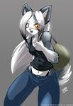  annie bag breasts canine chalo dog female grey_hair husky looking_at_viewer orange_eyes solo standing thong 