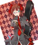  amami_haruka bespectacled brown_hair fingerless_gloves gift glasses gloves green_eyes guitar_case idolmaster idolmaster_(classic) instrument_case one_eye_closed plaid plaid_skirt punkish_gothic shijou_hasekura short_hair skirt solo 