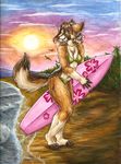  background beach bikini breasts brown brown_hair canine chest_tuft claws cleavage female green_eyes hair seaside side-tie_bikini silentravyn skimpy solo sun sunset surfboard surfer swimsuit tail 