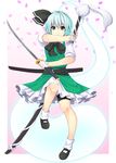  bad_id bad_pixiv_id belt bike_shorts black_hairband blue_eyes blue_hair dual_wielding fingerless_gloves ghost gloves hairband hitodama holding katana konpaku_youmu konpaku_youmu_(ghost) mary_janes pigeon-toed scabbard sheath shoes short_hair silver_hair solo somejima sword touhou weapon 