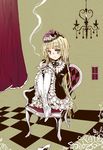  beige_background chair checkered checkered_floor collar gosick hafuri hat knees_up long_hair looking_at_viewer mini_hat pantyhose pipe shoes simple_background single_shoe sitting smoke solo very_long_hair victorica_de_blois white_legwear 
