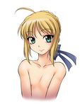  ahoge artoria_pendragon_(all) blonde_hair bow face fate/stay_night fate_(series) flat_chest green_eyes hair_bow lips nipples nude onizuka_takuto saber smile solo upper_body 
