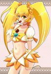  between_breasts blonde_hair bow breasts brown_background chocolate chocolate_heart choker cure_sunshine heart heartcatch_precure! highres long_hair magical_girl myoudouin_itsuki navel orange_bow orange_choker orange_skirt precure rari skirt solo twintails wrist_cuffs yellow_bow yellow_eyes 