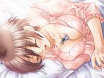  between_breasts breasts game_cg giantess i-raf-you miniboy pajamas person_between_breasts short_hair shukushou_byoutou sleeping solo 