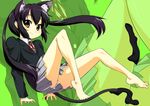  animal_ears barefoot black_hair black_legwear brown_eyes cat_ears cat_tail feet floating_hair full_body green_background grey_skirt k-on! legs long_hair long_sleeves long_toenails looking_at_viewer nakano_azusa neck_ribbon onija_tarou panties panty_peek plantar_flexion red_ribbon ribbon school_uniform skirt smile socks_removed solo tail toenails toes twintails underwear zoom_layer 