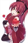  apple bad_id bad_pixiv_id bow food fruit hair_bow highres holding holding_food holding_fruit long_hair looking_up mahou_shoujo_madoka_magica ponytail red_hair runa7 sakura_kyouko sitting solo thighhighs yellow_eyes 