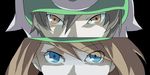  1girl alternate_costume bandana blue_eyes brave_tls brown_hair close-up haruka_(pokemon) hat headband odamaki_sapphire orange_eyes persona_eyes pokemon ruby_(pokemon) yuuki_(pokemon) 