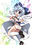  blue_eyes blue_hair cirno dress ice panties short_hair solo tomatomato_(tomato_kanzume) touhou underwear white_panties wings 