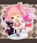  atea bad_id bad_pixiv_id blush bow_(weapon) bubble_skirt chibi kaname_madoka kyubey letterboxed magical_girl mahou_shoujo_madoka_magica one_eye_closed pink_eyes pink_hair skirt smile water weapon 