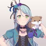  &gt;:( 1girl animal animal_on_shoulder aqua_hair aqua_jacket ayasaka bang_dream! black_choker black_feathers black_ribbon blue_feathers blue_flower blue_rose choker commentary_request corsage cross-laced_clothes crown dog earrings feathers flower frown green_eyes grey_background hair_feathers hair_flower hair_ornament hair_ribbon hairband hand_on_hip hikawa_sayo jacket jewelry long_hair necklace outline petting purple_feathers purple_flower purple_rose ribbon rose serious short_sleeves solo upper_body white_outline 