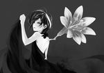  back bad_id bad_pixiv_id black black_dress cloth copyright_request dress flower from_behind greyscale high_contrast looking_back monochrome pale_skin saki_(pixiv303252) short_hair simple_background skull solo 