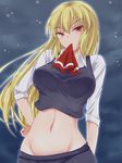  alternate_hair_length alternate_hairstyle blonde_hair breasts ex-rumia groin hand_on_hip highres large_breasts long_hair midriff mouth_hold navel negamaro night night_sky older red_eyes rumia sky solo touhou 