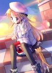  1girl absurdres blonde_hair blue_eyes braid cat cloud copyright_request hat highres long_hair mouth_hold pocky side_braid sitting skirt solo takoyaki_(roast) thighhighs 