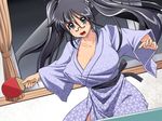  1girl black_eyes blue_hair breasts cleavage curvy female glasses hinata_aki hips huge_breasts japanese_clothes keroro_gunsou kimono large_breasts long_hair milf nightmare_express open_mouth ping_pong racket solo sport standing table_tennis twintails wide_hips window 