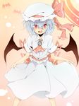  bad_id bad_pixiv_id bat bat_wings blue_hair brooch dress dress_tug hat hat_ribbon jewelry kan_(tyonn) red_eyes remilia_scarlet ribbon short_hair smile solo touhou white_dress wings 