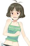  akizuki_ryou antenna_hair bad_id bad_pixiv_id bare_shoulders blush brown_eyes brown_hair crossdressing idolmaster idolmaster_dearly_stars male_focus midriff open_mouth otoko_no_ko short_hair solo sweatdrop tears tougyuu_yukio wavy_mouth 