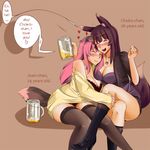  2girls alcohol animal_ears beer black_legwear black_thighhighs blush boots breasts character_request cleavage drink eyes_closed fox_ears fox_tail gunneko hard_translated large_breasts long_hair multiple_girls open_mouth original pink_hair sitting tail takanashi_kozue thighhighs translated yuri 