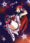  ahoge android boots gloves headset kriss_sison long_hair open_mouth red_eyes red_hair sf-a2_miki sky solo star star_(sky) starry_sky striped striped_legwear thighhighs vocaloid 