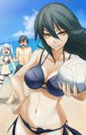  2girls barefoot bikini black_hair blush breasts brown_eyes cleavage commentary_request day eyepatch flat_chest hand_on_hip highres hips infinite_stratos large_breasts laura_bodewig long_hair medium_breasts multiple_girls navel orimura_chifuyu orimura_ichika outdoors pepe_(jonasan) side-tie_bikini silver_hair smile swimsuit thigh_strap twintails volleyball 