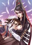  1girl bad_id bad_pixiv_id bayonetta bayonetta_(character) between_breasts black_hair blue_eyes blush breast_smother breasts brown_hair carnelian cleavage couple earrings elbow_gloves feathers glasses gloves hair_ribbon hetero jewelry large_breasts lips lipstick long_hair looking_at_breasts luka_redgrave makeup mole mole_under_mouth ribbon scarf very_long_hair white_gloves 