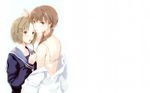  2girls blonde_hair bra brown_eyes brown_hair fuyuno_haruaki headphones short_hair tagme twintails underwear yuri 