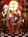  3boys afuro_terumi blonde_hair blue_eyes blush crossdress crossdressing dress formal frown gothic_lolita hand_holding hand_on_another's_face hand_on_face hat inazuma_eleven inazuma_eleven_(series) lolita_fashion long_hair male male_focus multiple_boys nagumo_haruya open_mouth red_eyes red_hair short_hair sitting smile suit suzuno_fuusuke trap white_hair yellow_eyes 