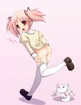  :&lt; ass blush bottomless hair_ribbon kaname_madoka kouki_kuu kyubey loafers looking_back mahou_shoujo_madoka_magica mitakihara_school_uniform open_mouth pink_eyes pink_hair red_eyes ribbon school_uniform shoes short_hair short_twintails tears thighhighs twintails 