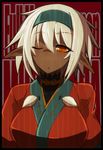  bad_id bad_pixiv_id breasts choker dark_elf dark_skin dougan_calpis_con elf hairband japanese_clothes kimono large_breasts nisei_muramasa one_eye_closed orange_eyes pointy_ears short_hair soukou_akki_muramasa white_hair 