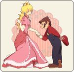  1girl blonde_hair border couple crown dress earrings elbow_gloves facial_hair gloves hat heart height_difference hetero jewelry long_hair mario mario_(series) mustache overalls pink_dress princess_peach rounded_corners super_mario_bros. 